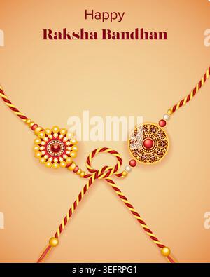 Editable Raksha Bandhan banner with intertwined rakhi threads on peach background with copy space for social media, ads and web. Stock Vector