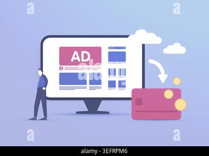 Advertising Revenue - increasing and optimization online pay per click AD revenue for boost lead generation and growth profit. Browser with website banner ads that generate cash income illustration. Stock Vector