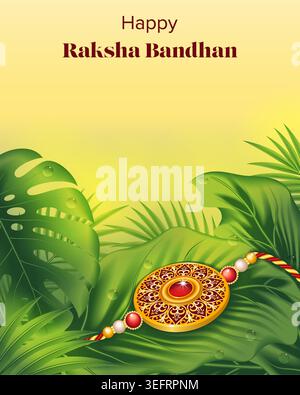 Editable Raksha Bandhan banner with rakhi on tropical leaves and dew in soft morning light with copy space for social media, ads and web. Stock Vector