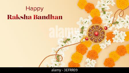 Editable Raksha Bandhan horizontal banner with rakhi and floral garlands in soft gradient style, with copy space for social media, ads and web Stock Vector