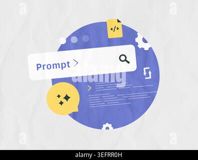 AI prompt with text input and content generation in digital interface. Prompt engineering workflow with AI content generation and text processing system vector illustration. Stock Vector