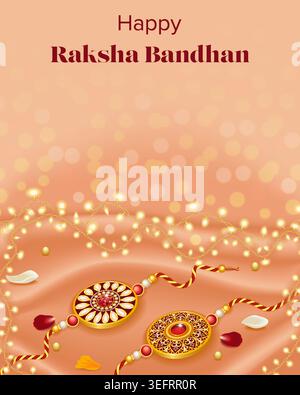Editable Raksha Bandhan banner with golden rakhis on silk fabric with warm glowing lights and copy space for social media, ads and web. Stock Vector