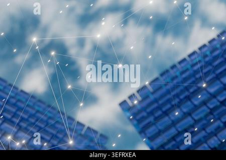 Abstract 3D render of a glowing digital network overlaying modern blue glass buildings and clouds. Concept of smart cities, cloud computing, global co Stock Photo