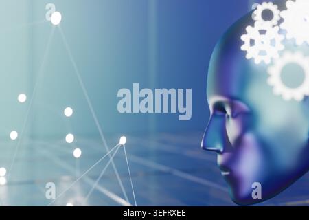 3D render of a digital human head with glowing gears and a neural network background. Represents artificial intelligence, cognitive computing, and aut Stock Photo
