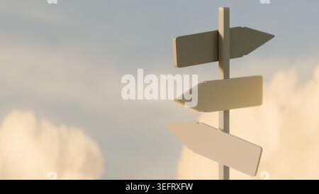 3D render of an empty wooden signpost with three arrows pointing in different directions. Concept of choice, future planning, strategic decision-makin Stock Photo