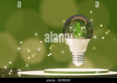3D render of an LED light bulb with a fresh green plant growing inside, floating above a podium with a glowing digital network on a green bokeh backgr Stock Photo