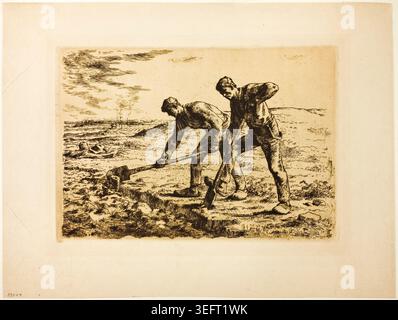 Two Men Digging by Jean François Millet, 1855–56, depicting laborers working the soil with spades in a rural landscape under an open sky Stock Photo