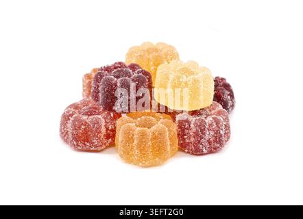 Jelly candies of various fruits flavor coated with sugar on white background Stock Photo