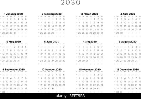 Professional 2030 Annual Calendar Template A4 Minimalist Full Year Planner for Corporate Scheduling and Project Timeline Stock Vector