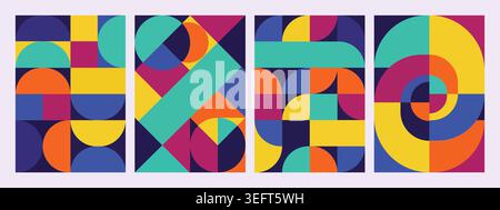 Minimalist geometric background featuring vibrant shapes and mosaic pattern. Stock Vector