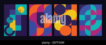 Contemporary vector art featuring circles and squares on black backdrop. Modern aesthetic design for digital cover. Stock Vector