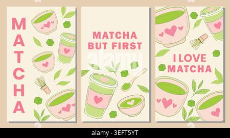 Sweet beverage art. Matcha powder drink. Hand drawn leaves. Japanese tea ceremony. Pastel food graphics. Love theme design. Stock Vector