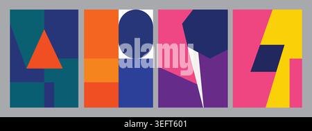 Diverse collection of vibrant abstract compositions using triangles circles and rectangles for modern graphic projects. Stock Vector