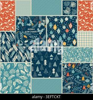 Seamless abstract colorful patchwork pattern in Christmas style.   Merry Christmas, Happy New Year greeting card, wrapping paper. Vector illustration Stock Vector
