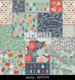 Seamless abstract colorful patchwork pattern in Christmas style.   Merry Christmas, Happy New Year greeting card, wrapping paper. Vector illustration Stock Vector
