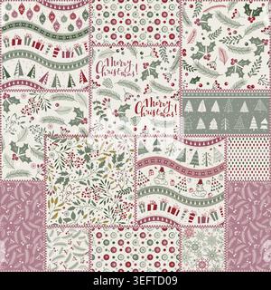 Seamless abstract colorful patchwork pattern in Christmas style.   Merry Christmas, Happy New Year greeting card, wrapping paper. Vector illustration Stock Vector