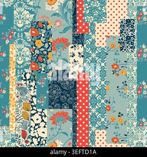Seamless abstract colorful patchwork pattern from flowers in folk style. Vintage hand made quilt. Hand drawn background in bright colors. Vector Stock Vector