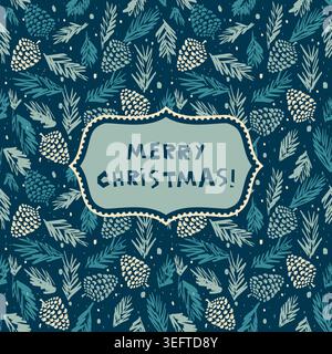 Merry Christmas, Happy New Year greeting card, wrapping paper with lettering. Poster template in Christmas style. Seamless winter background. Vector Stock Vector