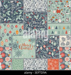 Seamless abstract colorful patchwork pattern in Christmas style.   Merry Christmas, Happy New Year greeting card, wrapping paper. Vector illustration Stock Vector