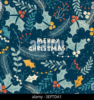 Merry Christmas, Happy New Year greeting card, wrapping paper with lettering. Poster template in Christmas style. Seamless winter background. Vector Stock Vector