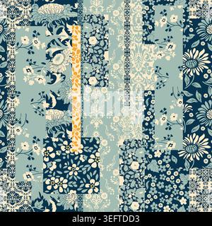 Seamless abstract colorful patchwork pattern from flowers in folk style. Vintage hand made quilt. Hand drawn background in bright colors. Vector Stock Vector
