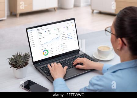 Business analytics dashboard on laptop used by remote worker in modern office, featuring charts, statistics and project management widgets Stock Photo