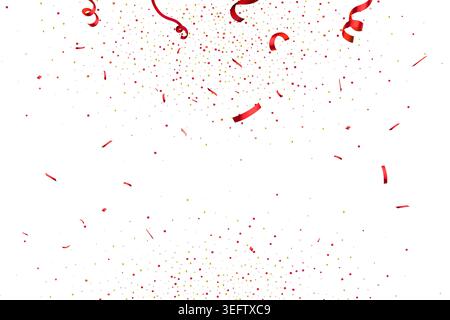 Red confetti and curled streamers drift over a clean white background, creating a bright, festive atmosphere perfect for party invitations, holiday Stock Vector