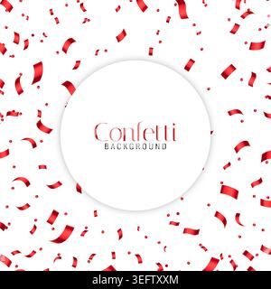 Festive red confetti and ribbons surround a clean circular white card, ideal for party invitations, announcements, holiday greetings, promotions. Stock Vector