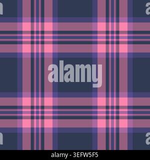Tailor tartan textile pattern, overlayed texture seamless fabric. Layered background vector plaid check in pink and indigo colors palette. Stock Vector