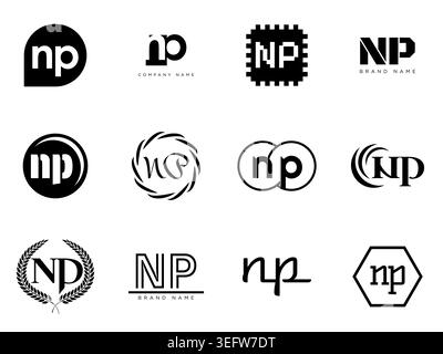NP logo company template. Letter n and p logotype. Set different classic serif lettering and modern bold text with design elements. Initial font typog Stock Vector