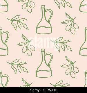Italian olive branch and oil jug seamless pattern Stock Vector