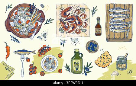 Hand drawn mediterranean seafood food set with shrimp sardines shellfish olive oil Stock Vector