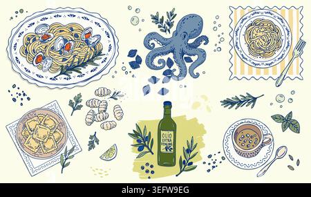 Hand drawn italian seafood pasta set with octopus ravioli olive oil coffee Stock Vector