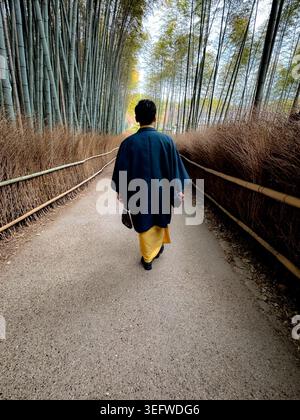 Visitors walking through the Arashiyama Bamboo Grove in Kyoto, Japan. Stock Photo