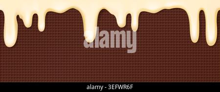 Chocolate waffle texture with ice cream melt, wafer cone shape bg. Icecream gelato drip on cookie, brown lattice pattern poster. Vanilla milkshake Stock Vector