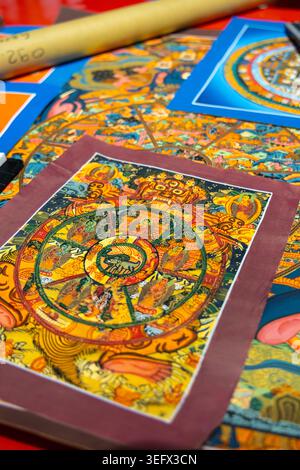 Hand-drawn Nepalese mandala thangka paintings for sale in Kathmandu, Nepal Stock Photo
