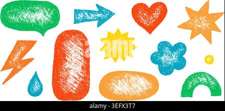 Crayon doodle sticker shapes set. Hand drawn oval, heart, lightning icons. Graphic element for fun collages. Kid sketch drawing. Vector pencil Stock Vector
