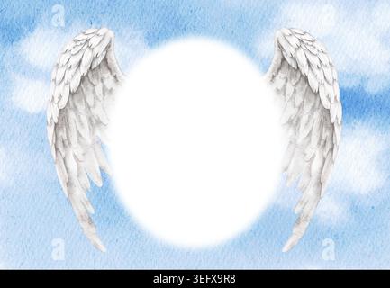 Watercolor sky frame with white angel wings and round center space. Spiritual background for memory cards, remembrance themes, prayer cards, Bible quo Stock Photo