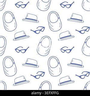 Decorative Summer seamless pattern with hats, sunglasses and beach bags in monochrome blue outline. Vector illustration for wallpaper, wrapping paper, textile print, banner or social media background. Stock Vector
