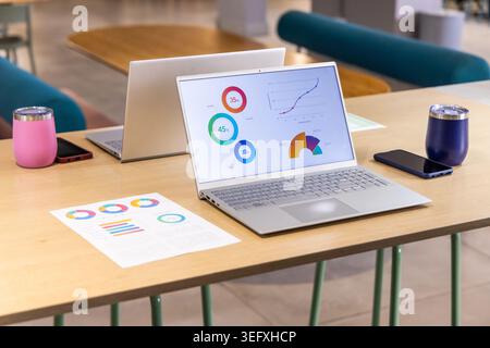 Silver laptop displaying colorful dashboard charts on wooden table, flanked by tumblers and phones Stock Photo