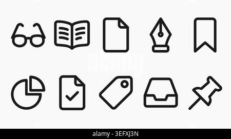 Collection of minimalist line icons representing office supplies, documents, and business analytics. Stock Vector