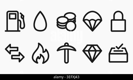 Diverse outline icons including fuel, fire, gems, and utility symbols for apps and games. Stock Vector