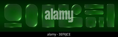 Green neon glassmorphism frame. 3D transparent glass box digital screen rectangle button UI background. Futuristic HUD interface graphic elements tech banner glossy web app border design vector. Stock Vector