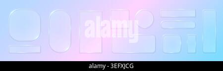 Blue neon glassmorphism card. 3D transparent crystal glass frame rectangle UI digital screen template. Futuristic electric LED HUD interface elements abstract glossy shine banner vector. Stock Vector