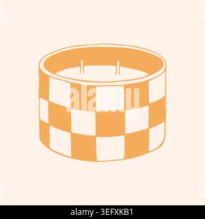 Vector hand drawn wide jar candle with two wicks and trendy checkerboard pattern. Modern aesthetic home decor and aromatherapy element in minimalist Stock Vector