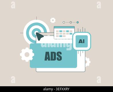 AI advertising with ad targeting and performance marketing in digital interface. Optimize ads and audience targeting for conversion and campaign results with analytics tools vector illustration. Stock Vector