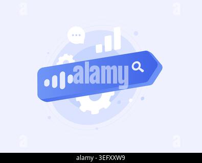 Voice search with keyword query and seo optimization in digital interface. Analyze data and improve search ranking results for better performance and traffic growth in analytics vector illustration. Stock Vector