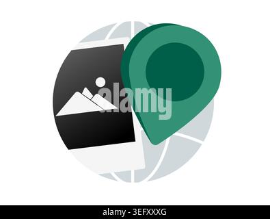 Photo location with map pin and geotag in mobile app interface. Show image location and map marker for travel search and photo sharing in digital interface vector illustration. Stock Vector
