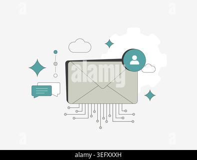 Email marketing with automation ad newsletter in digital interface. Send message and manage customer communication through email campaign and subscriber list in online business vector illustration Stock Vector