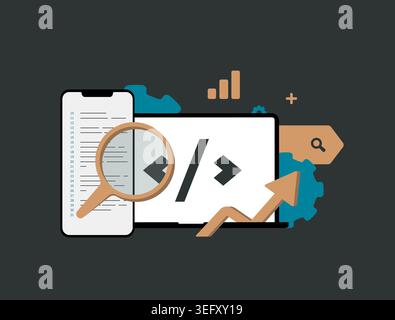 SEO audit with keyword research and website ranking in digital interface. Analyze search data and improve traffic results for better ranking growth, search performance in seo analytics illustration Stock Vector